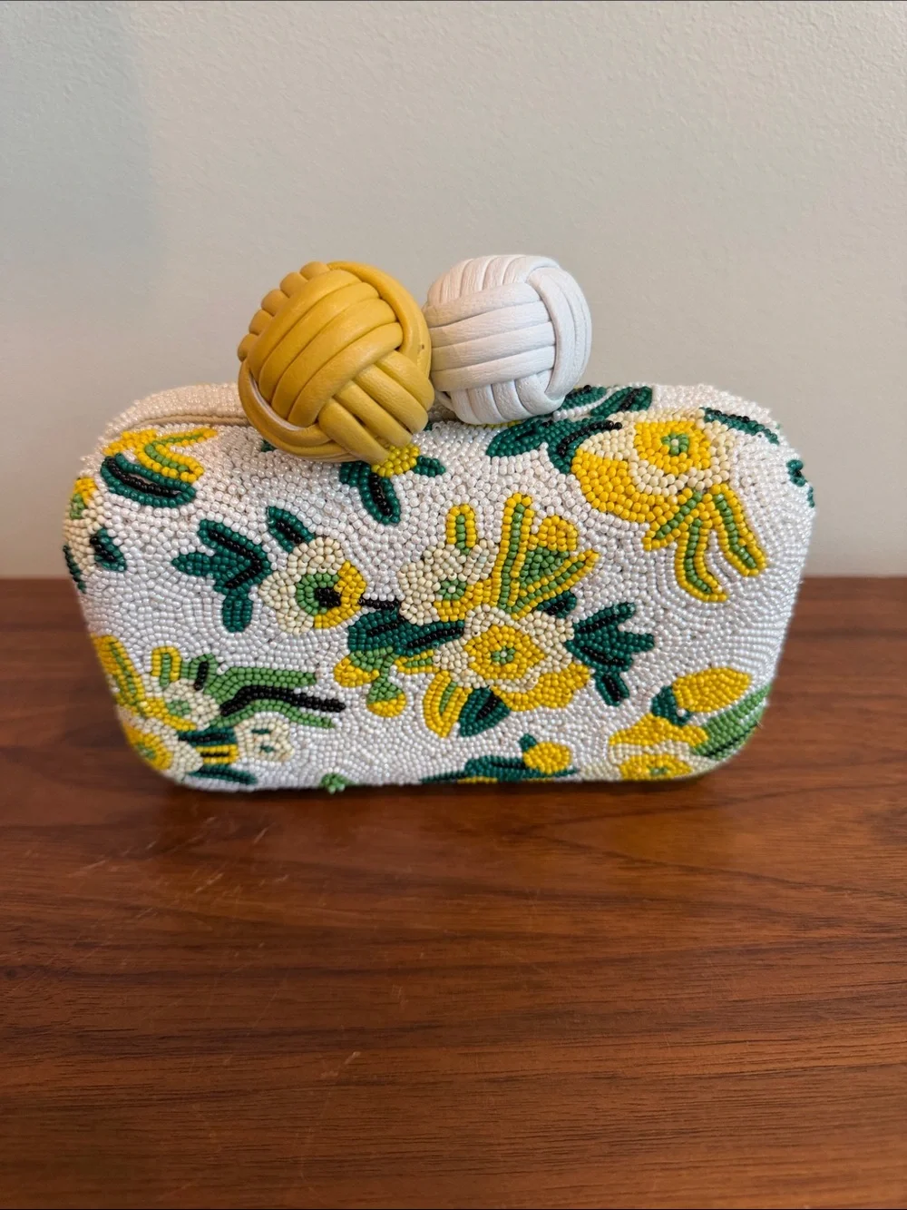 Sam Edelman Annabelle Beaded Floral Box Clutch in White, Yellow & Green